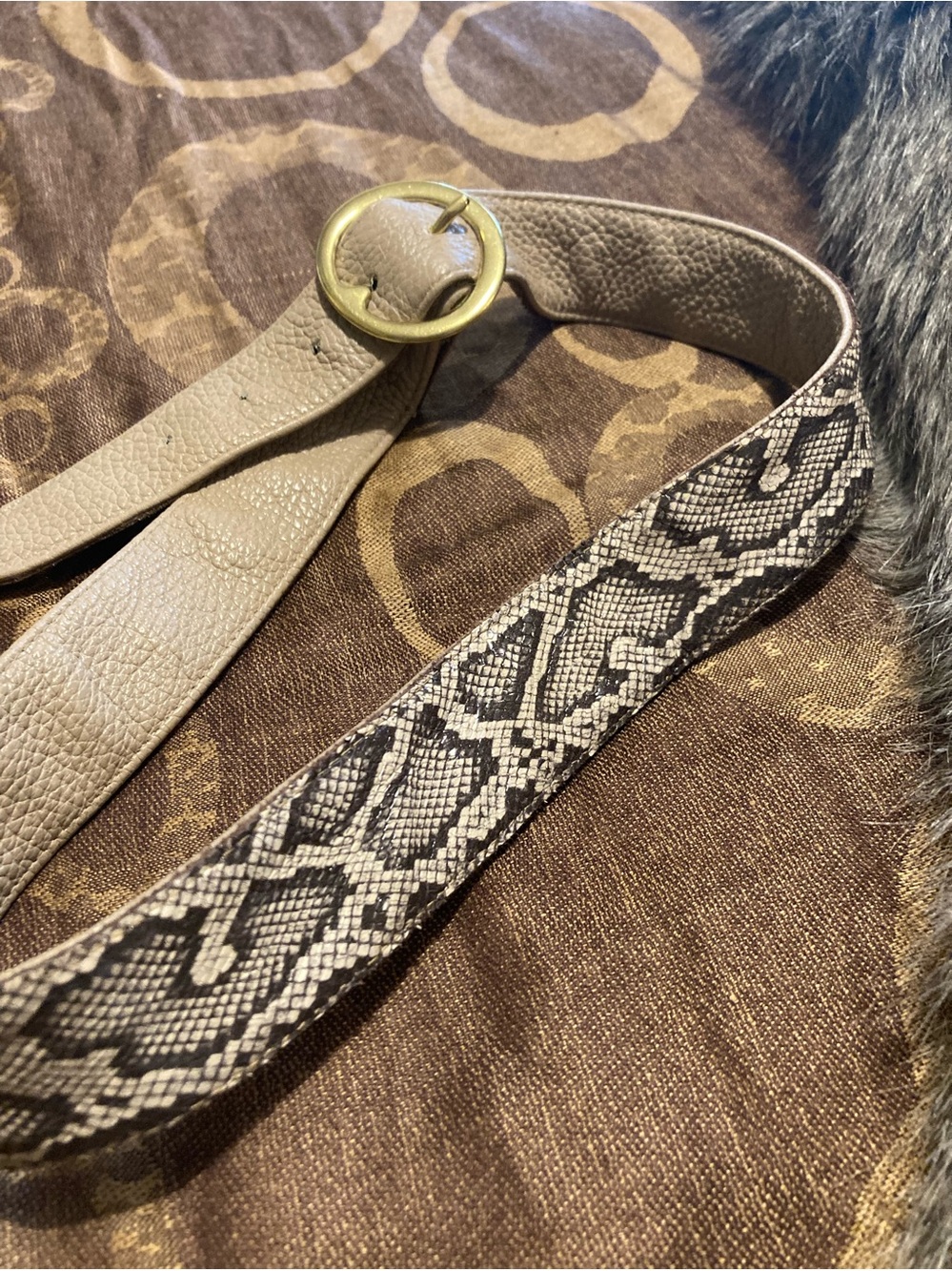 JJ Winters Pebbled Cream and Snakeskin Leather Belt with Gold Round Buckle